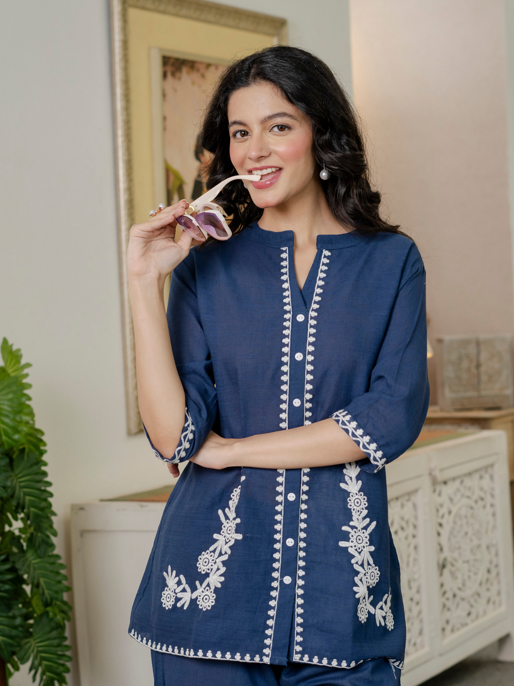 Women Royal Blue Embroidered Thread Work Pure Cotton coord set