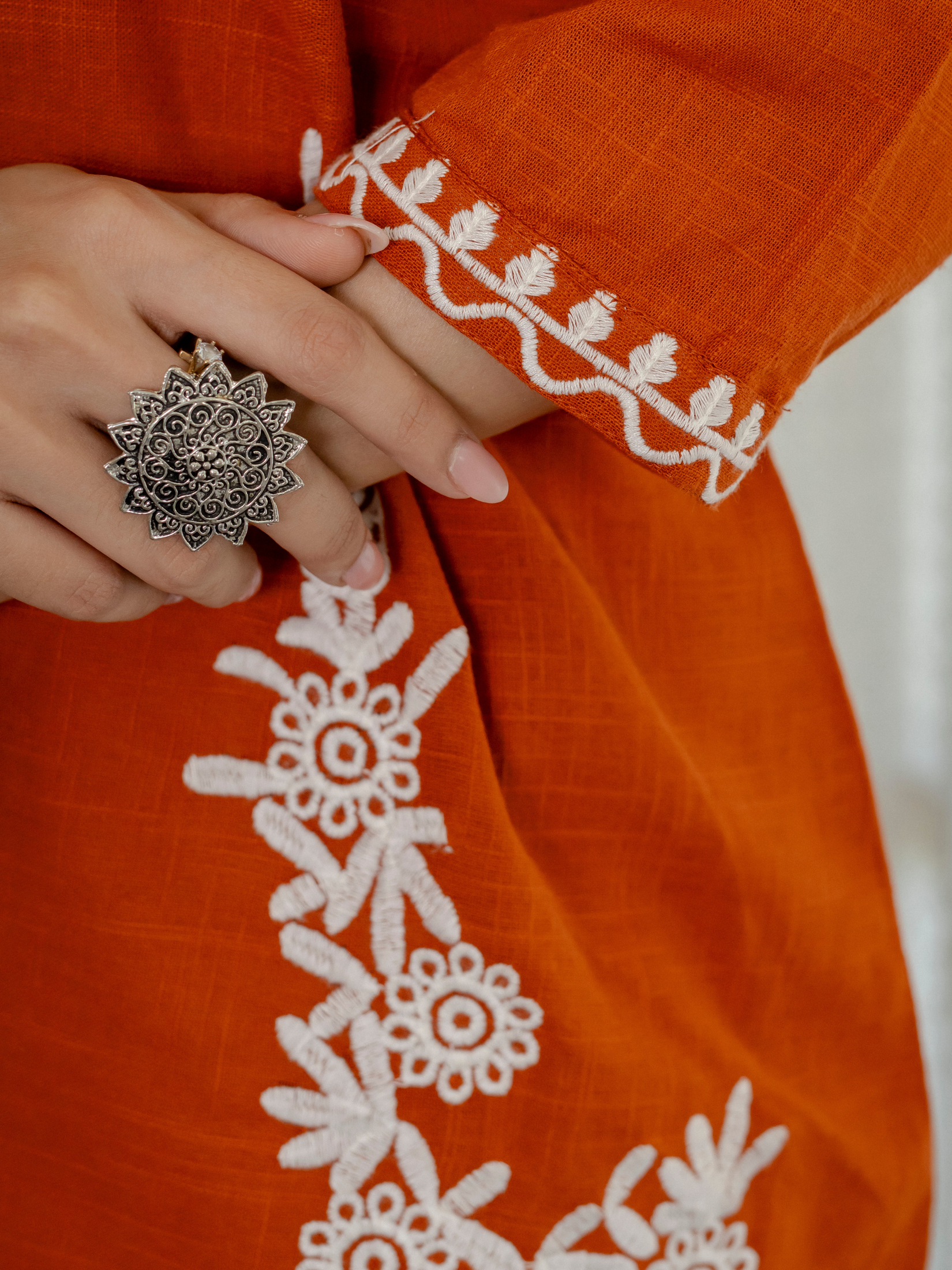 Women Rust  Embroidered Thread Work Pure Cotton coord set