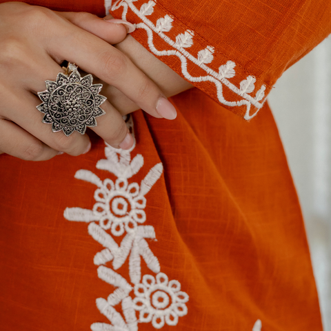 Women Rust  Embroidered Thread Work Pure Cotton coord set