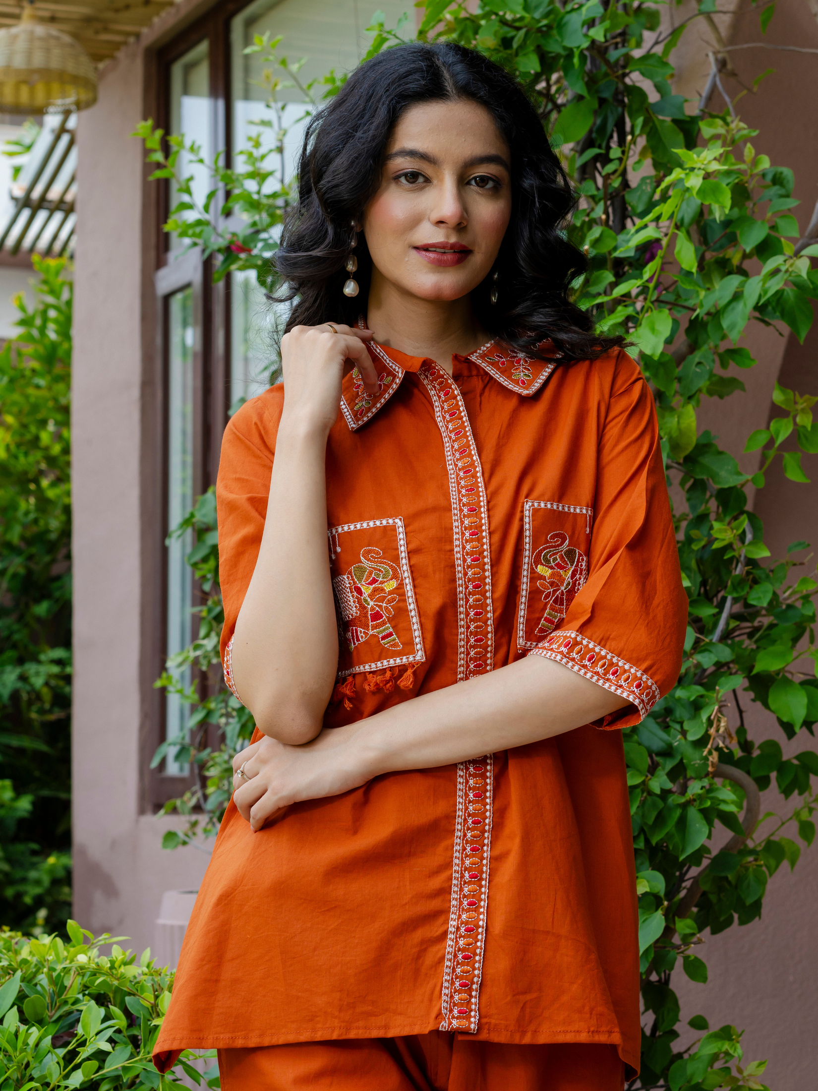Women Rust Embroidered Thread Work Pure Cotton coord set