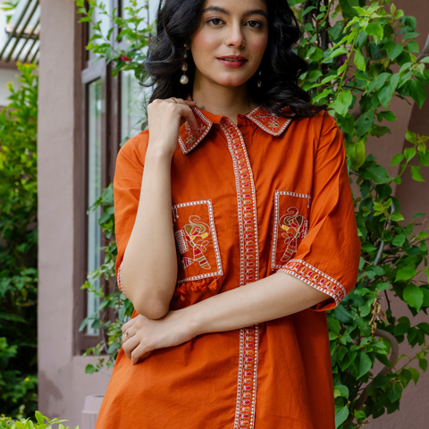 Women Rust Embroidered Thread Work Pure Cotton coord set