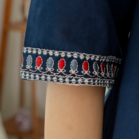 Women Royal Blue Embroidered Thread Work Pure Cotton coord set