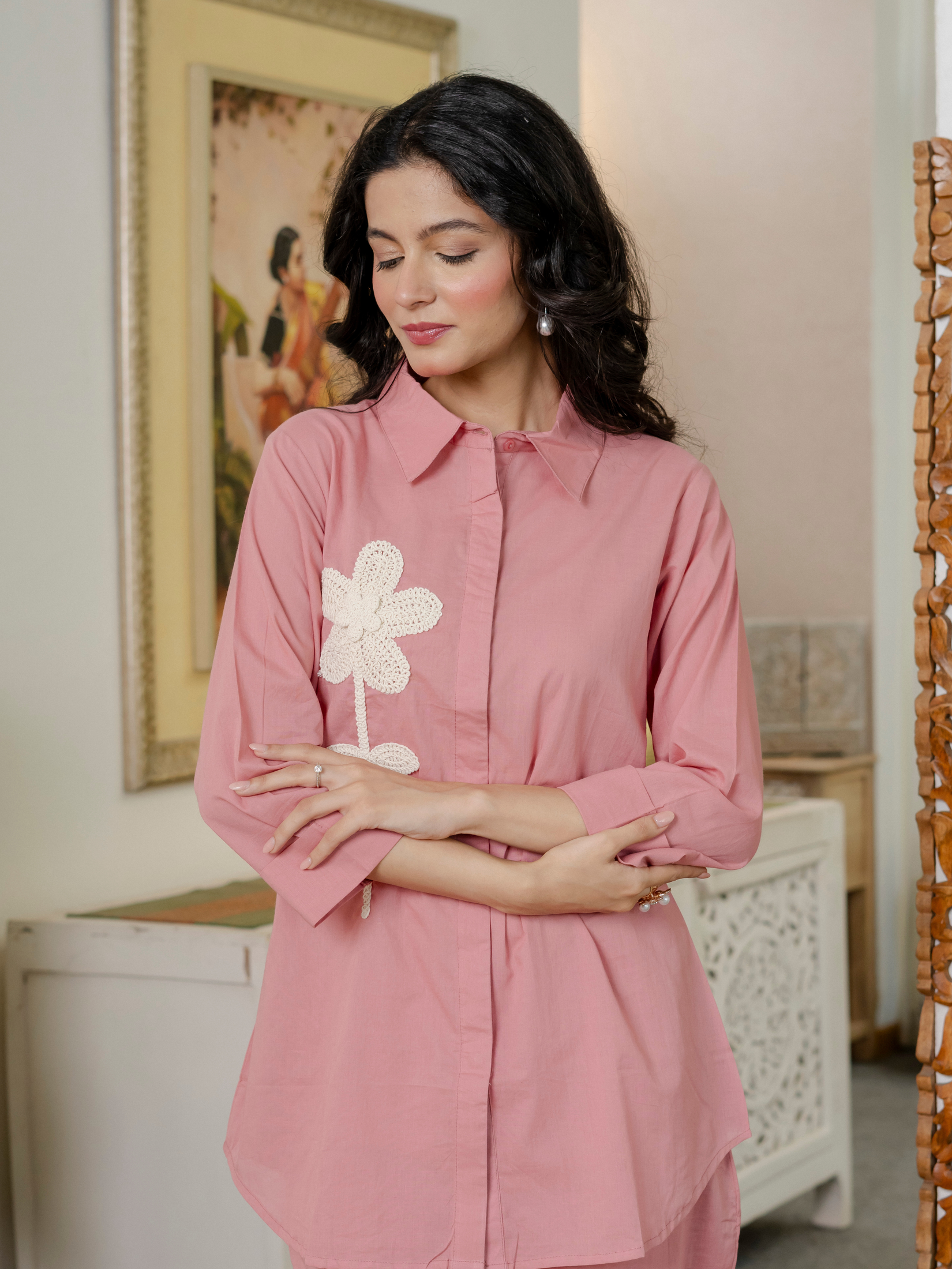 Women Onion Pink  Embroidered Thread Work Pure Cotton coord set