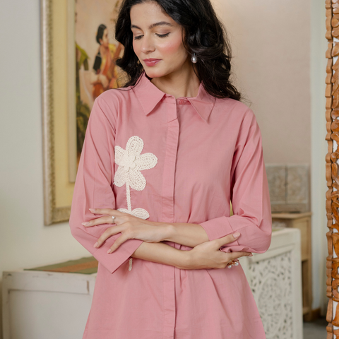 Women Onion Pink  Embroidered Thread Work Pure Cotton coord set