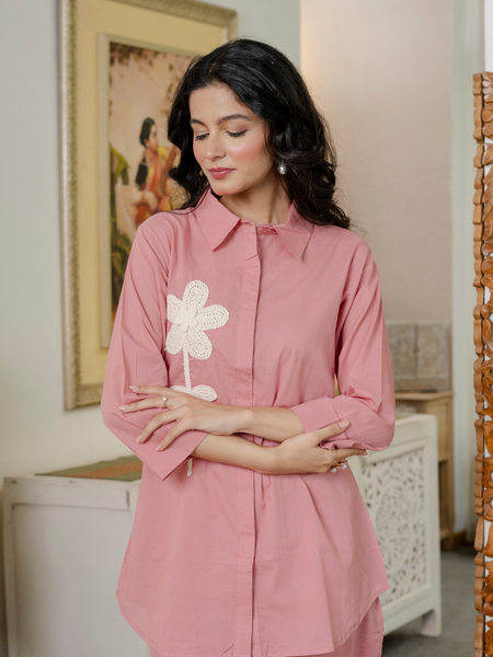 Women Onion Pink  Embroidered Thread Work Pure Cotton coord set