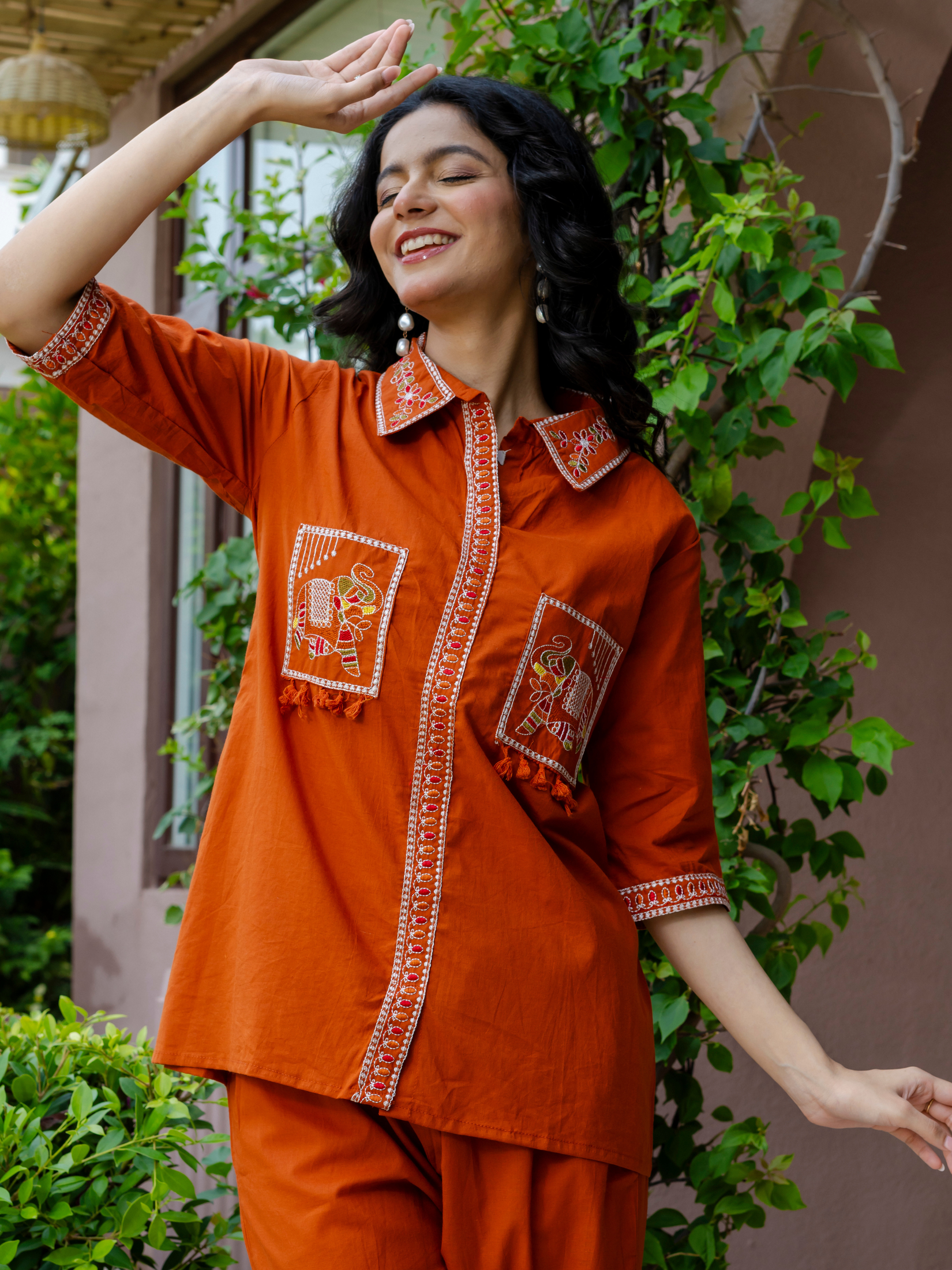 Women Rust Embroidered Thread Work Pure Cotton coord set