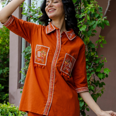 Women Rust Embroidered Thread Work Pure Cotton coord set
