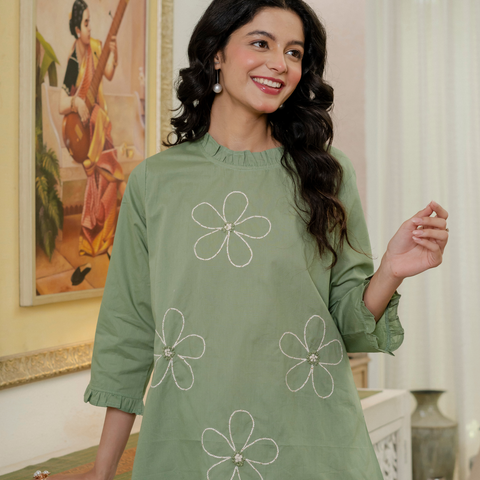 Women Olive Green Embroidered Thread Work Pure Cotton coord set