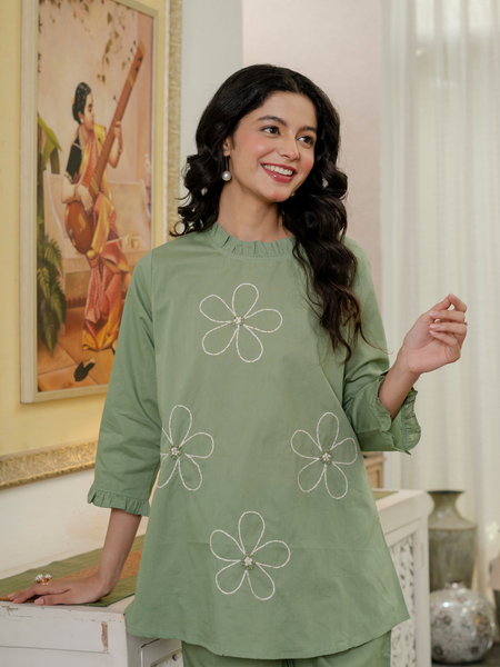 Women Olive Green Embroidered Thread Work Pure Cotton coord set