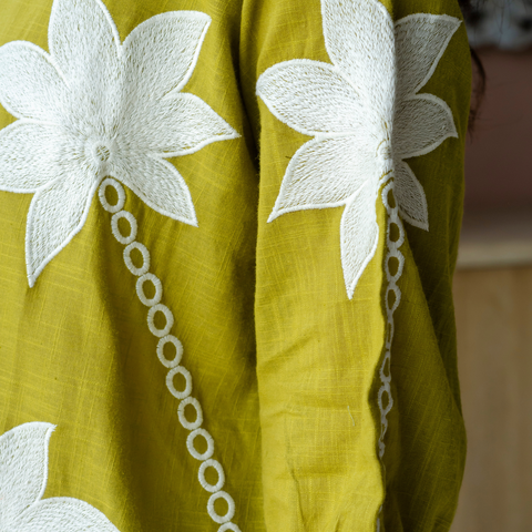Women Lime Green Embroidered Thread Work Pure Cotton coord set