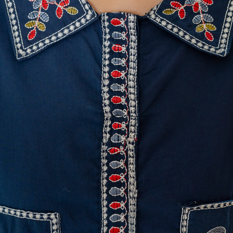 Women Royal Blue Embroidered Thread Work Pure Cotton coord set