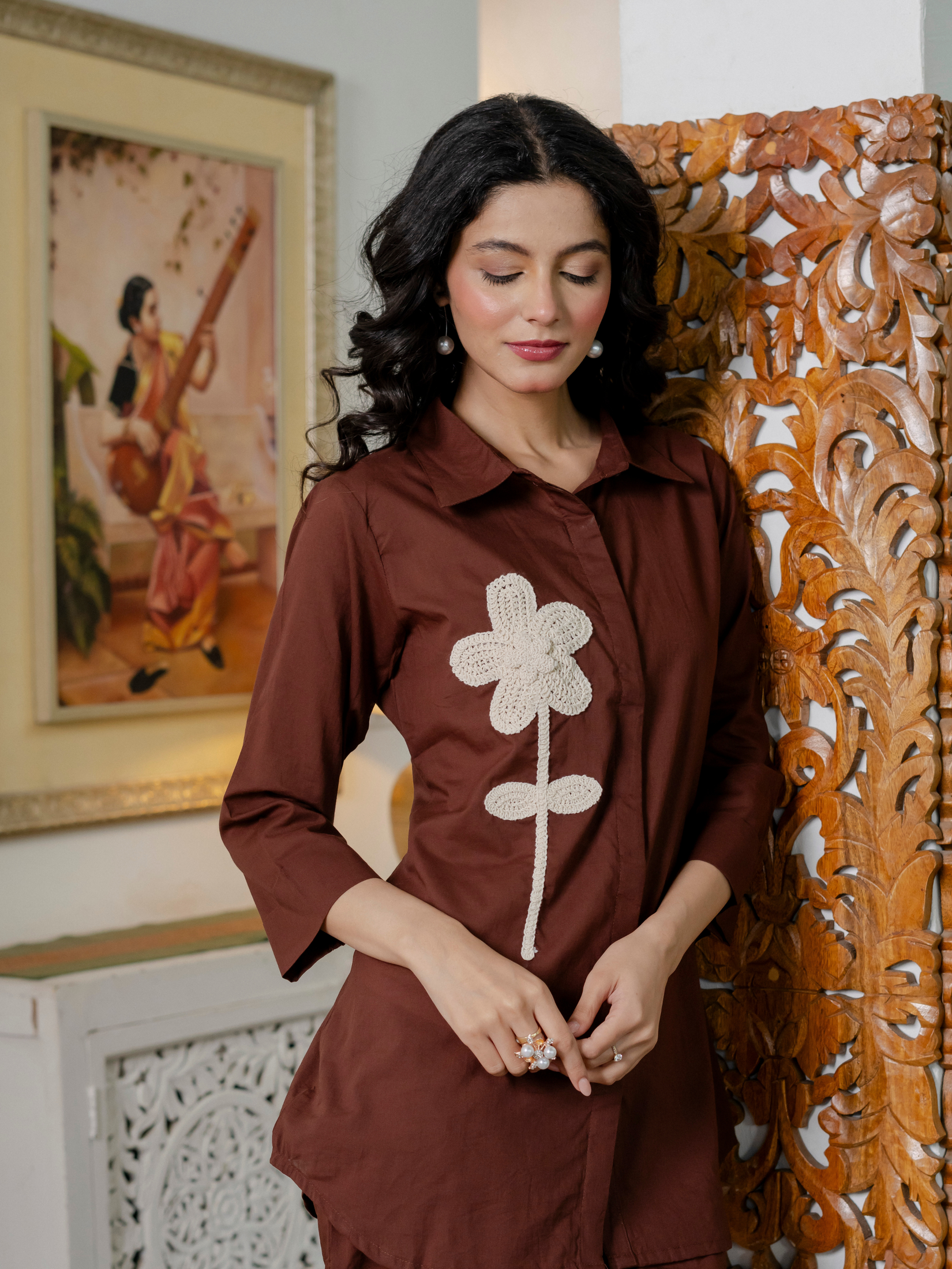 Women Brown  Embroidered Thread Work Pure Cotton coord set