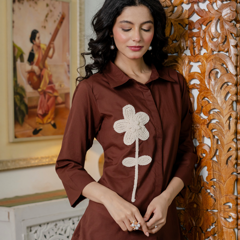 Women Brown  Embroidered Thread Work Pure Cotton coord set
