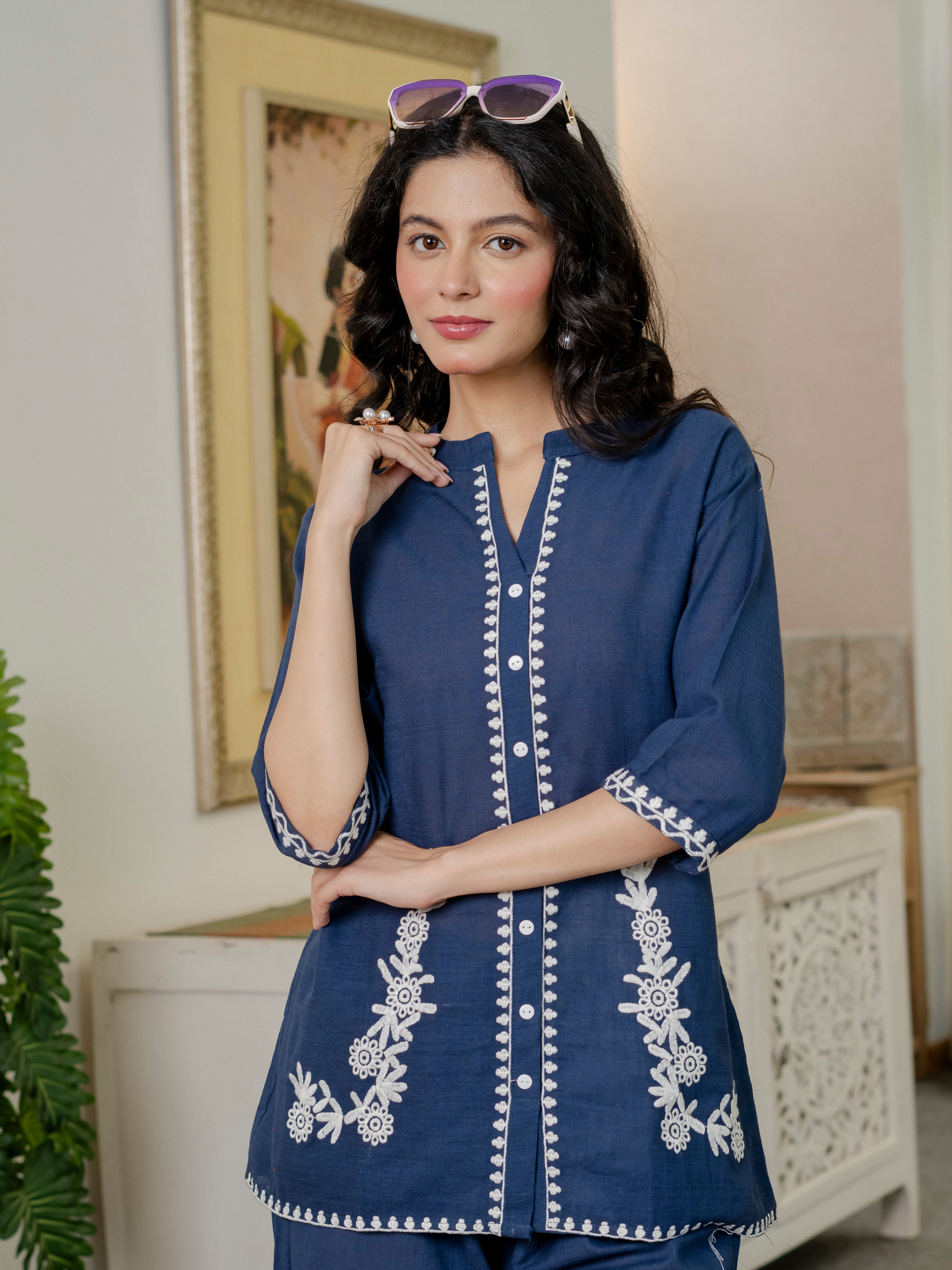 Women Royal Blue Embroidered Thread Work Pure Cotton coord set