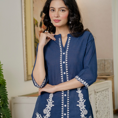 Women Royal Blue Embroidered Thread Work Pure Cotton coord set