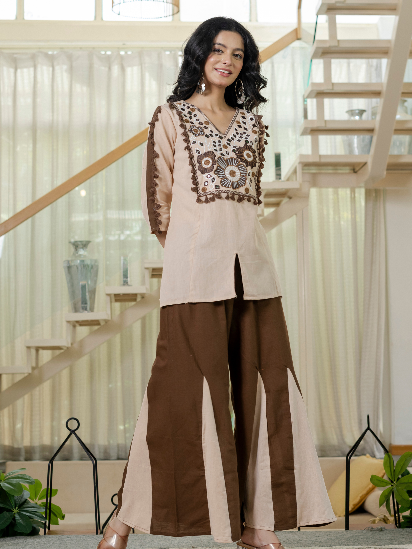 Women Twotone Embroidered Thread Work Pure Cotton coord set