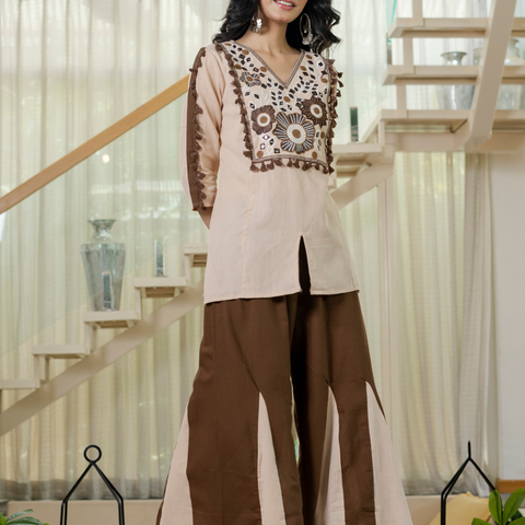 Women Twotone Embroidered Thread Work Pure Cotton coord set