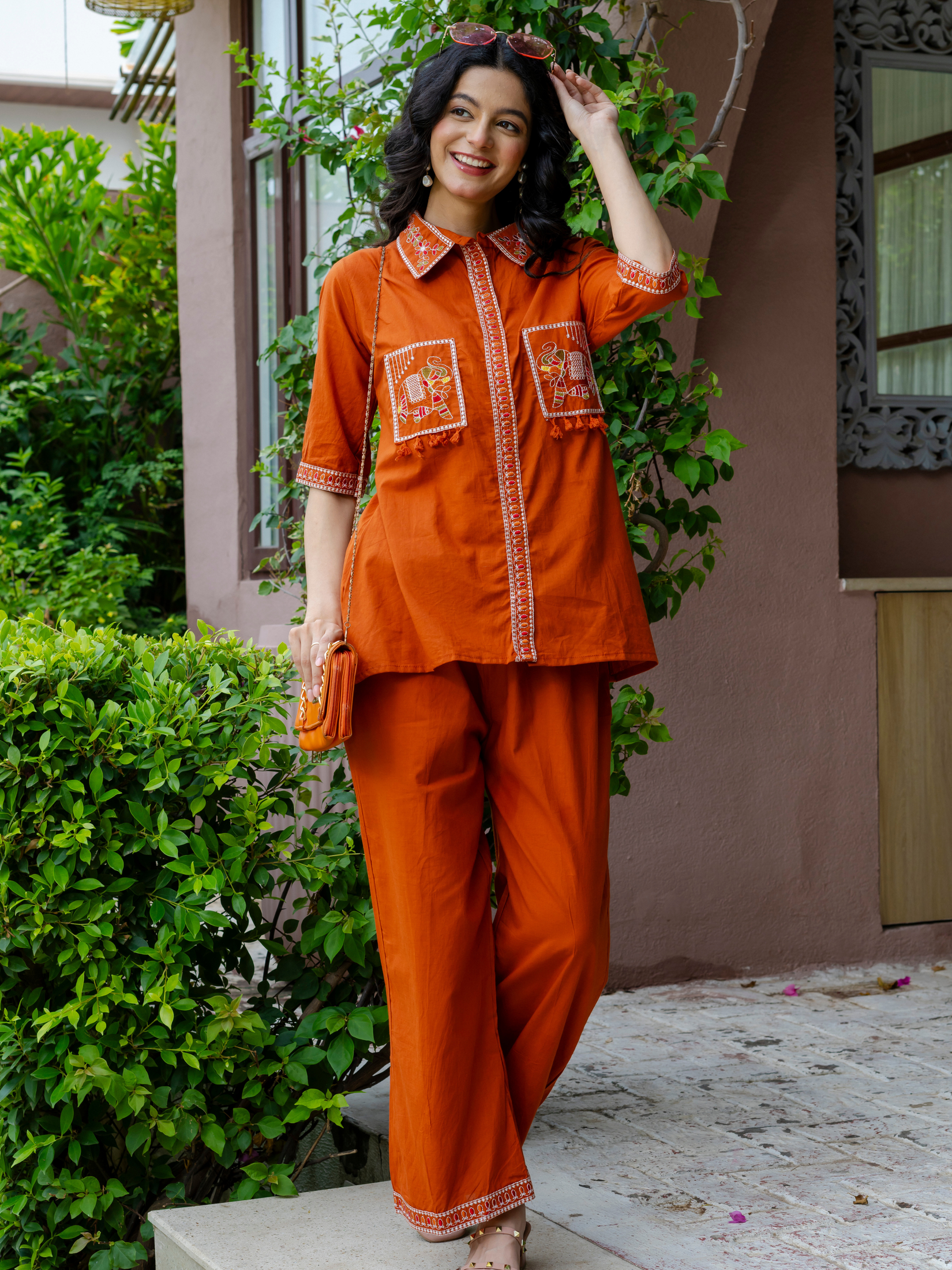 Women Rust Embroidered Thread Work Pure Cotton coord set