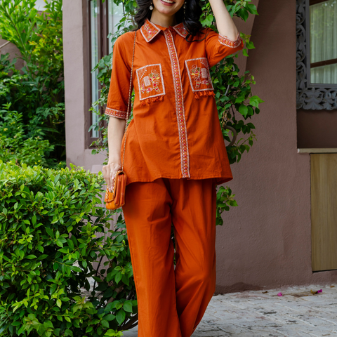 Women Rust Embroidered Thread Work Pure Cotton coord set