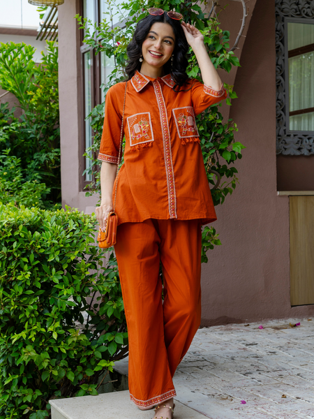 Women Rust Embroidered Thread Work Pure Cotton coord set