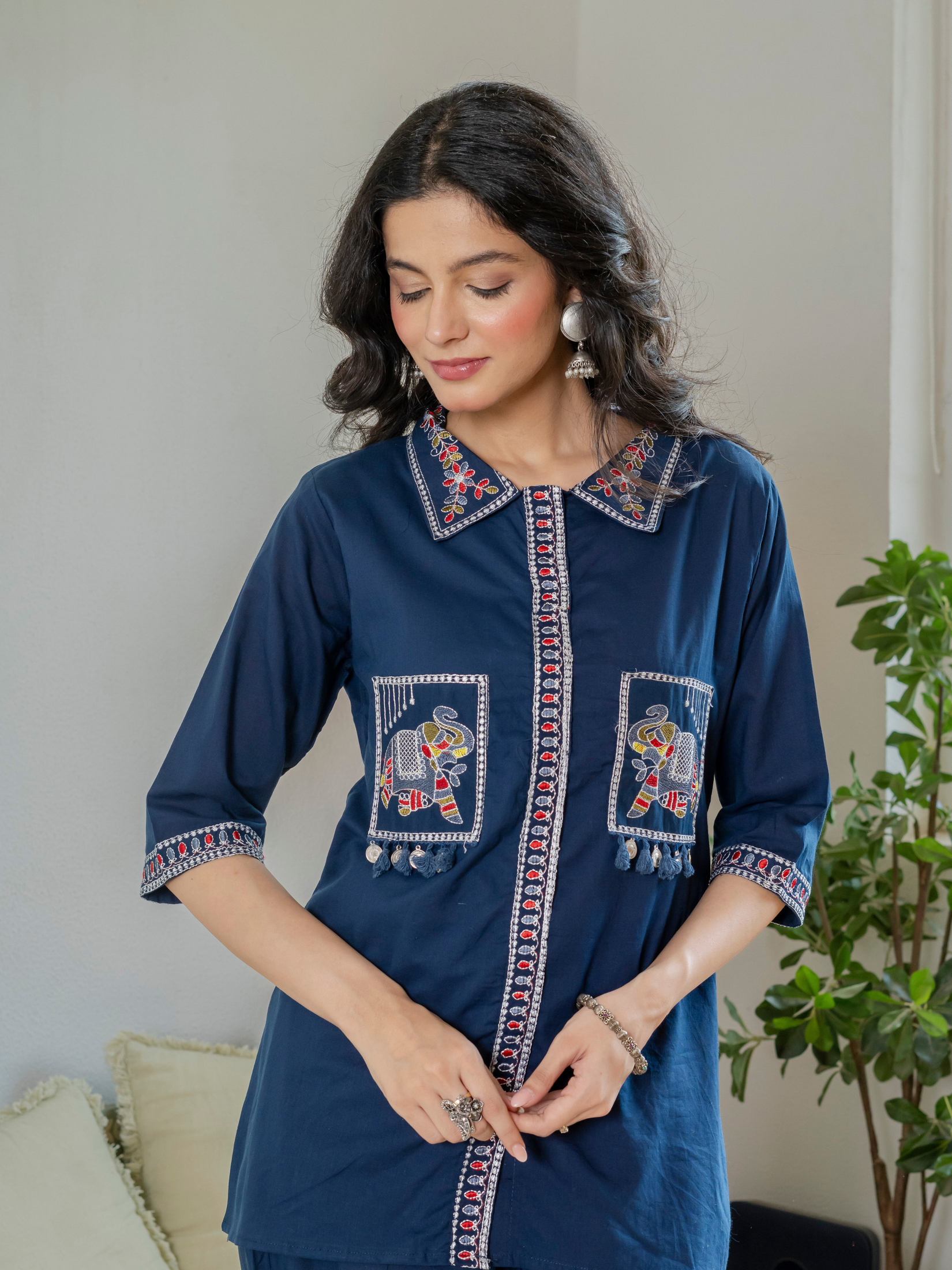 Women Royal Blue Embroidered Thread Work Pure Cotton coord set