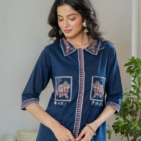 Women Royal Blue Embroidered Thread Work Pure Cotton coord set