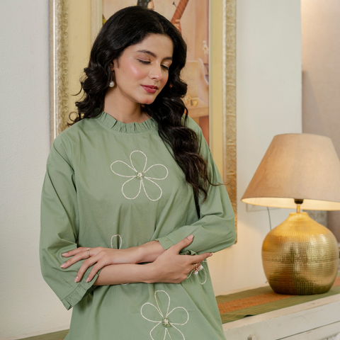 Women Olive Green Embroidered Thread Work Pure Cotton coord set