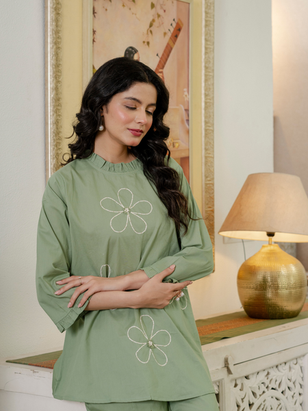 Women Olive Green Embroidered Thread Work Pure Cotton coord set