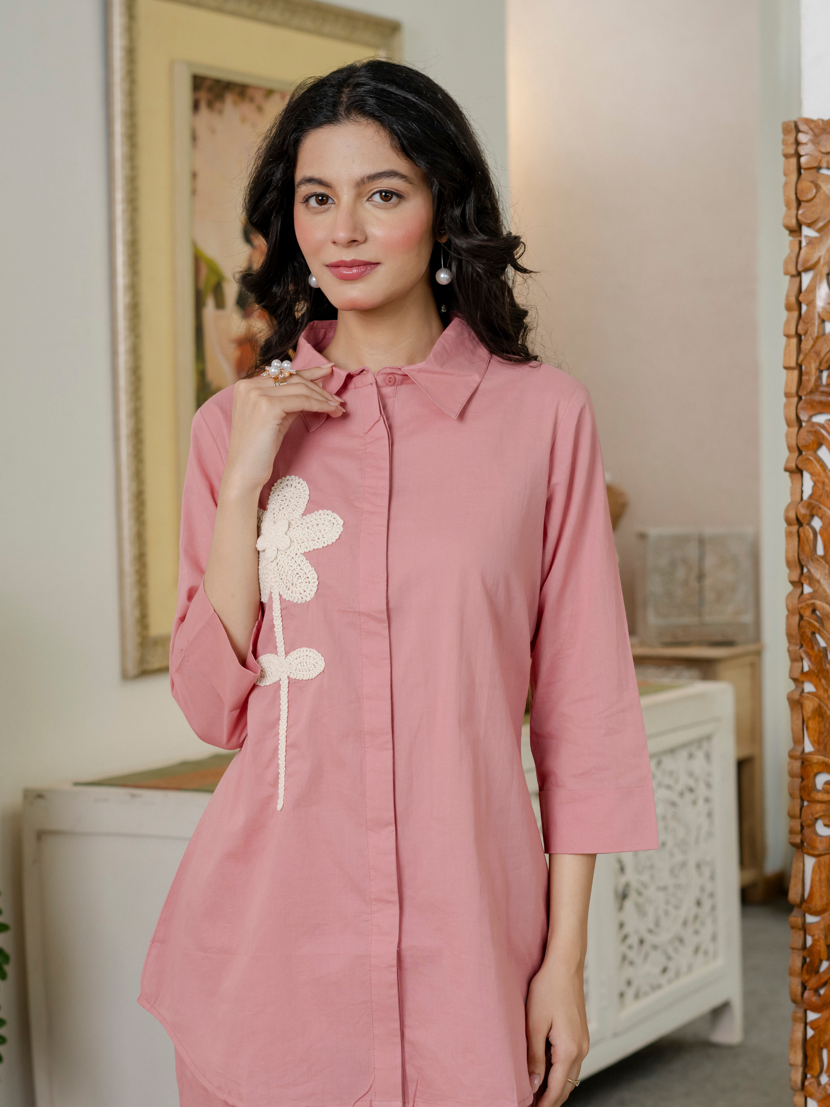 Women Onion Pink  Embroidered Thread Work Pure Cotton coord set