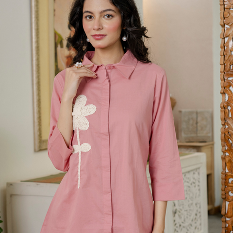 Women Onion Pink  Embroidered Thread Work Pure Cotton coord set