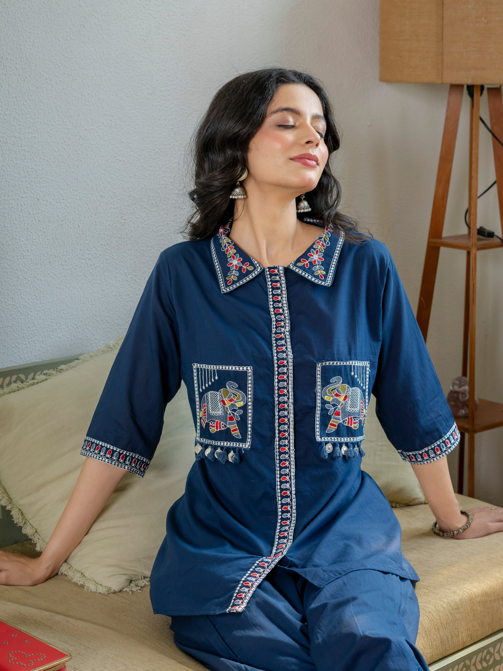 Women Royal Blue Embroidered Thread Work Pure Cotton coord set