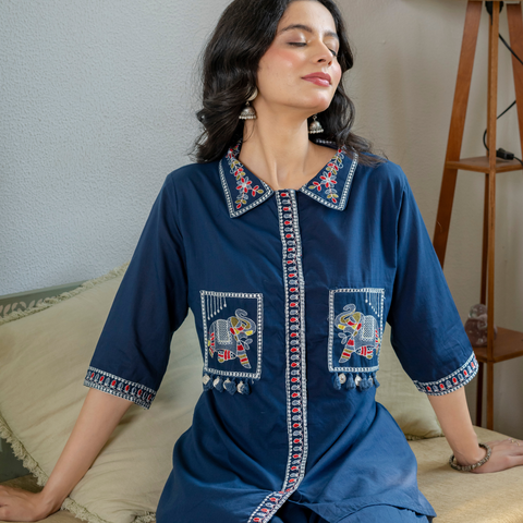 Women Royal Blue Embroidered Thread Work Pure Cotton coord set