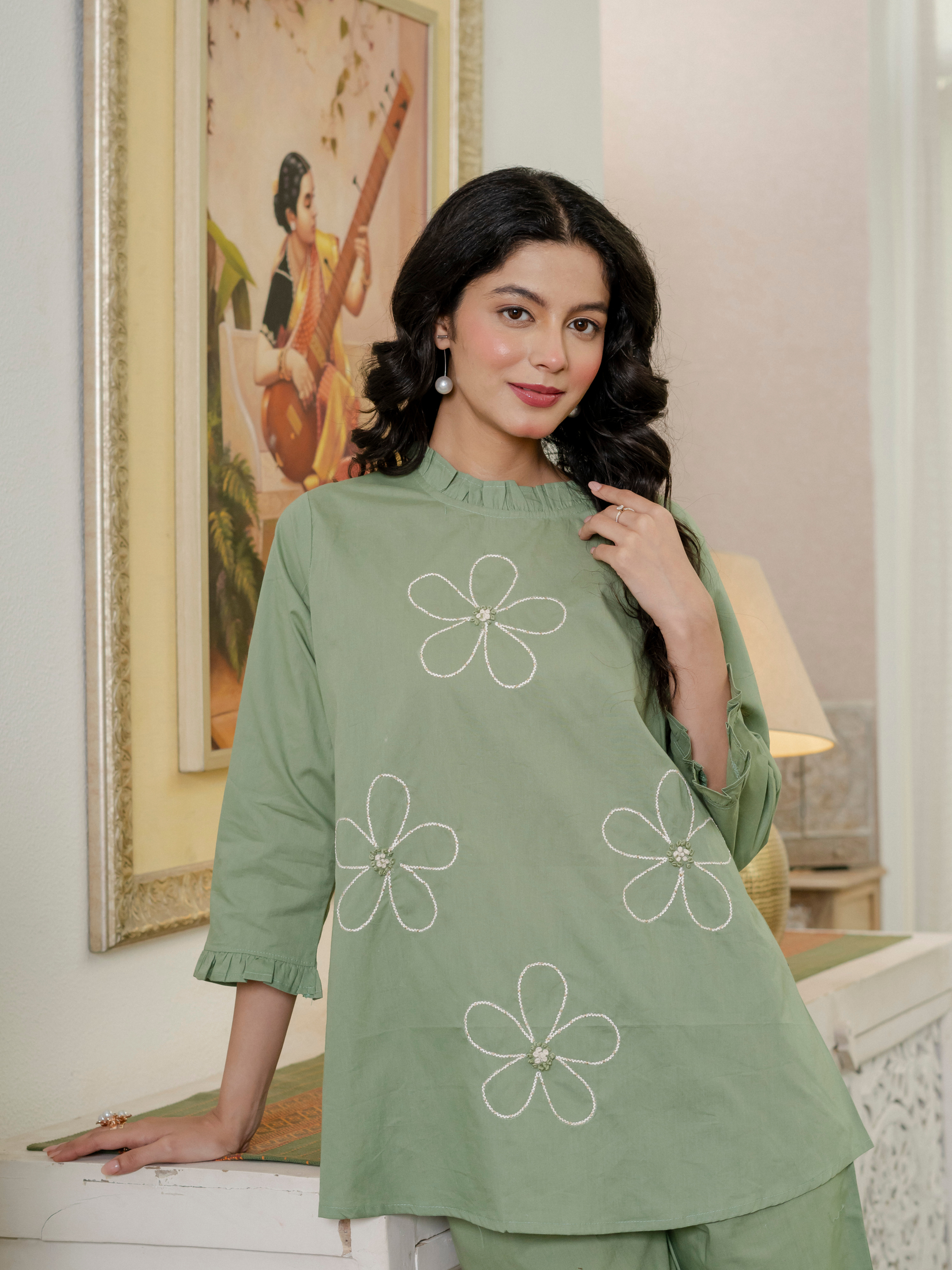 Women Olive Green Embroidered Thread Work Pure Cotton coord set