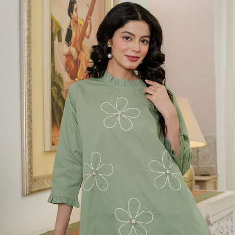 Women Olive Green Embroidered Thread Work Pure Cotton coord set