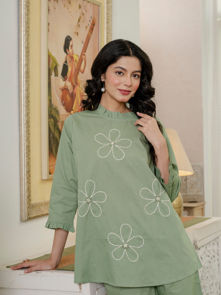 Women Olive Green Embroidered Thread Work Pure Cotton coord set
