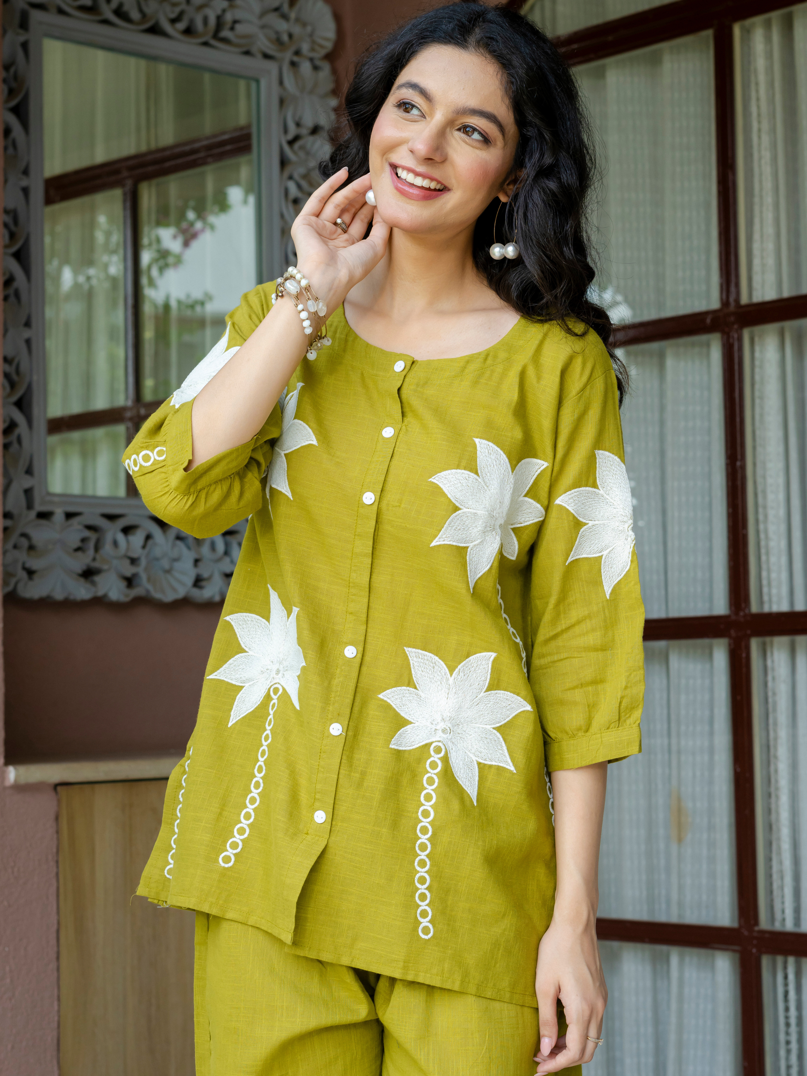 Women Lime Green Embroidered Thread Work Pure Cotton coord set