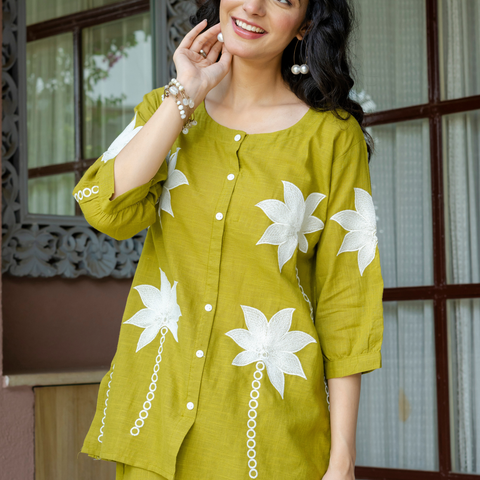 Women Lime Green Embroidered Thread Work Pure Cotton coord set