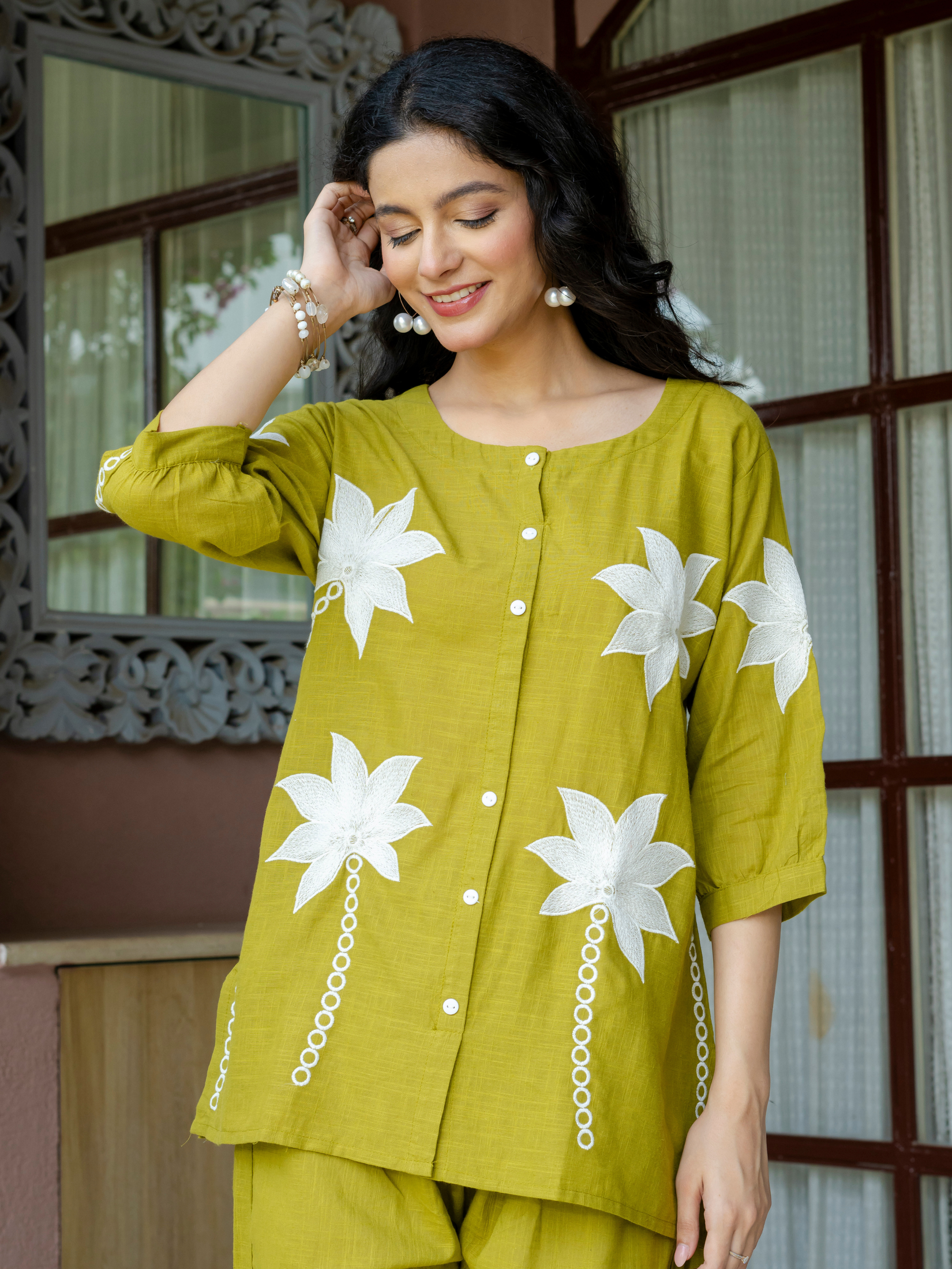 Women Lime Green Embroidered Thread Work Pure Cotton coord set