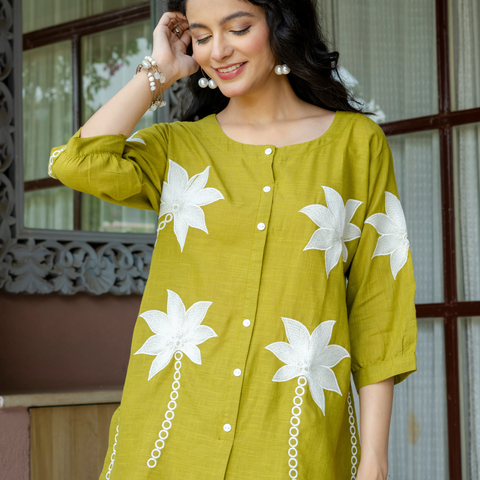 Women Lime Green Embroidered Thread Work Pure Cotton coord set