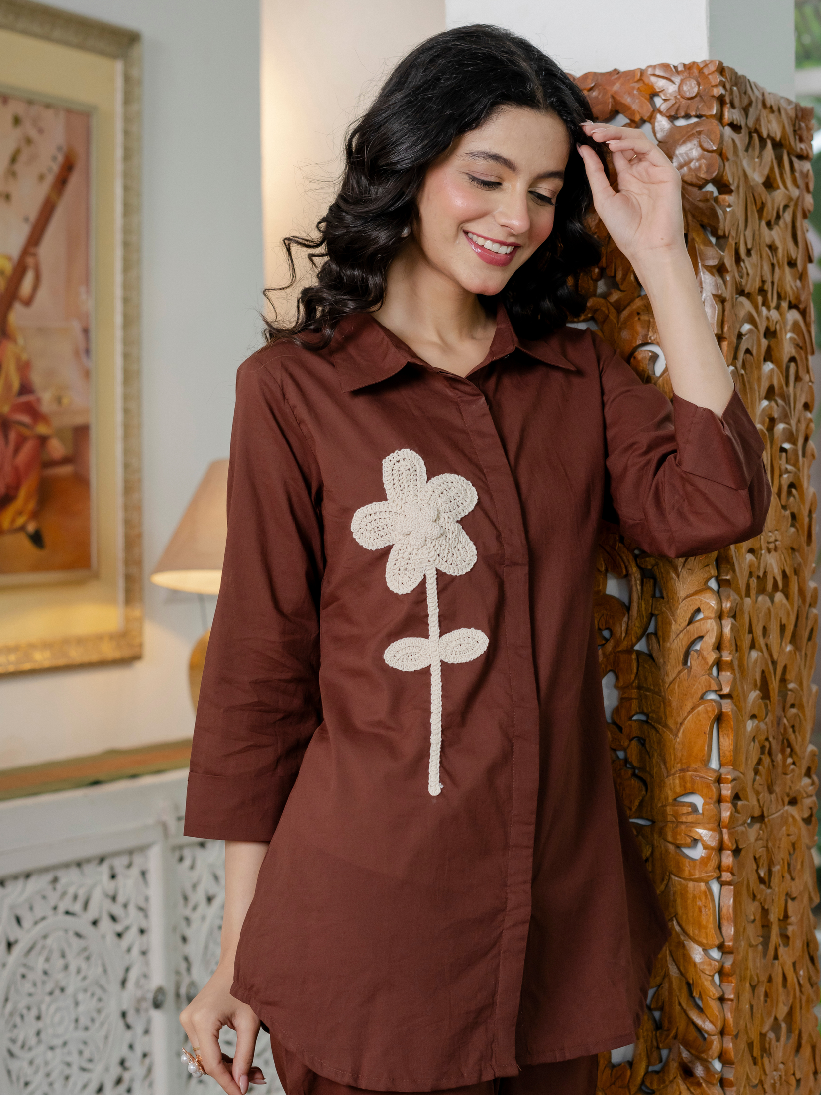 Women Brown  Embroidered Thread Work Pure Cotton coord set