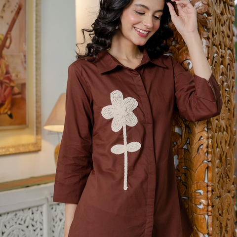 Women Brown  Embroidered Thread Work Pure Cotton coord set