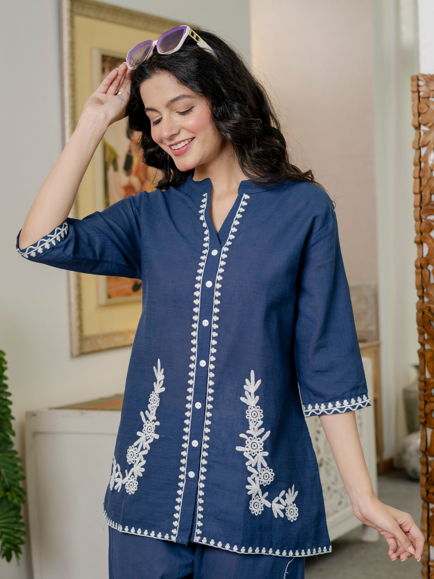 Women Royal Blue Embroidered Thread Work Pure Cotton coord set