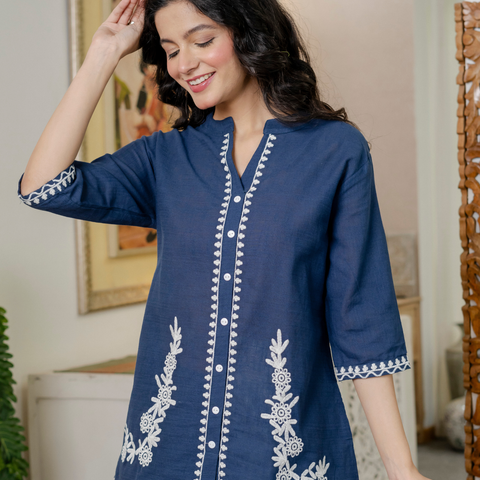 Women Royal Blue Embroidered Thread Work Pure Cotton coord set