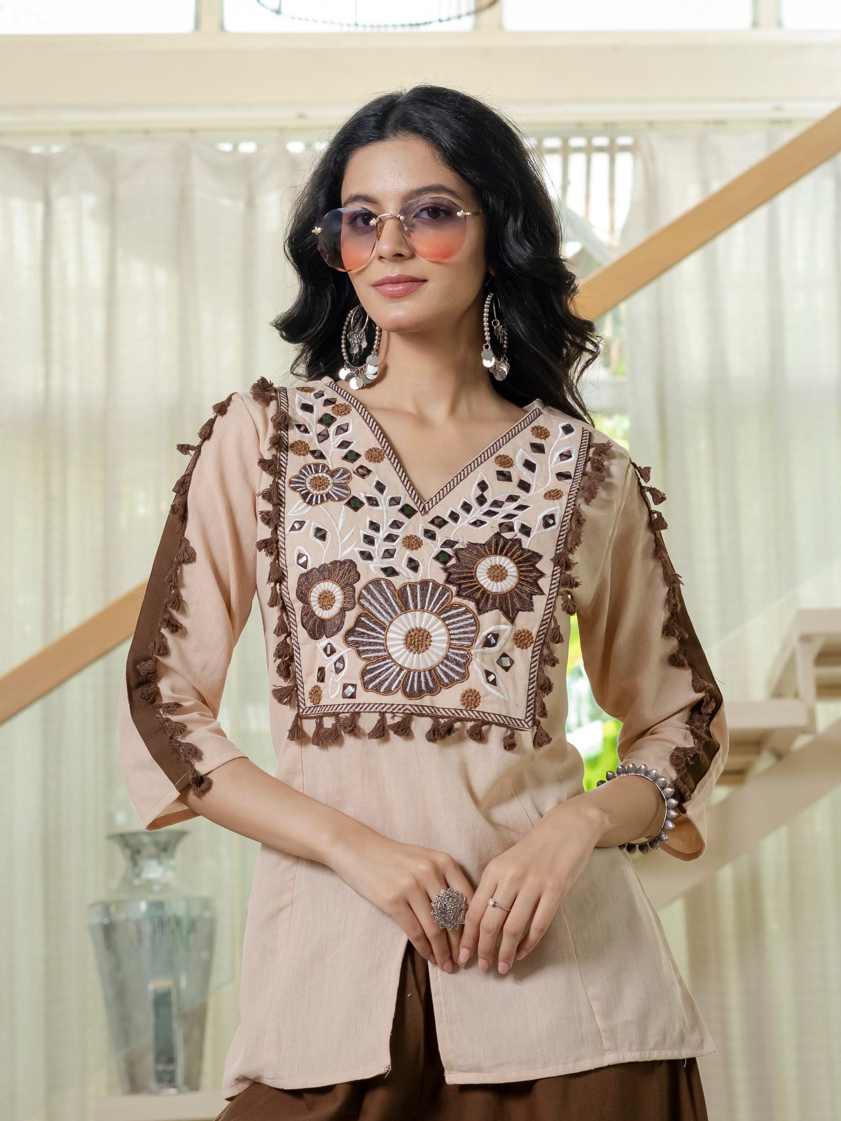 Women Twotone Embroidered Thread Work Pure Cotton coord set