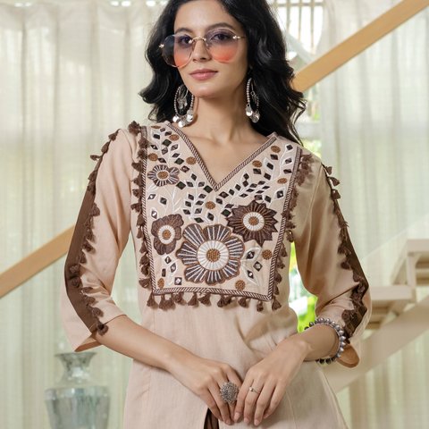 Women Twotone Embroidered Thread Work Pure Cotton coord set