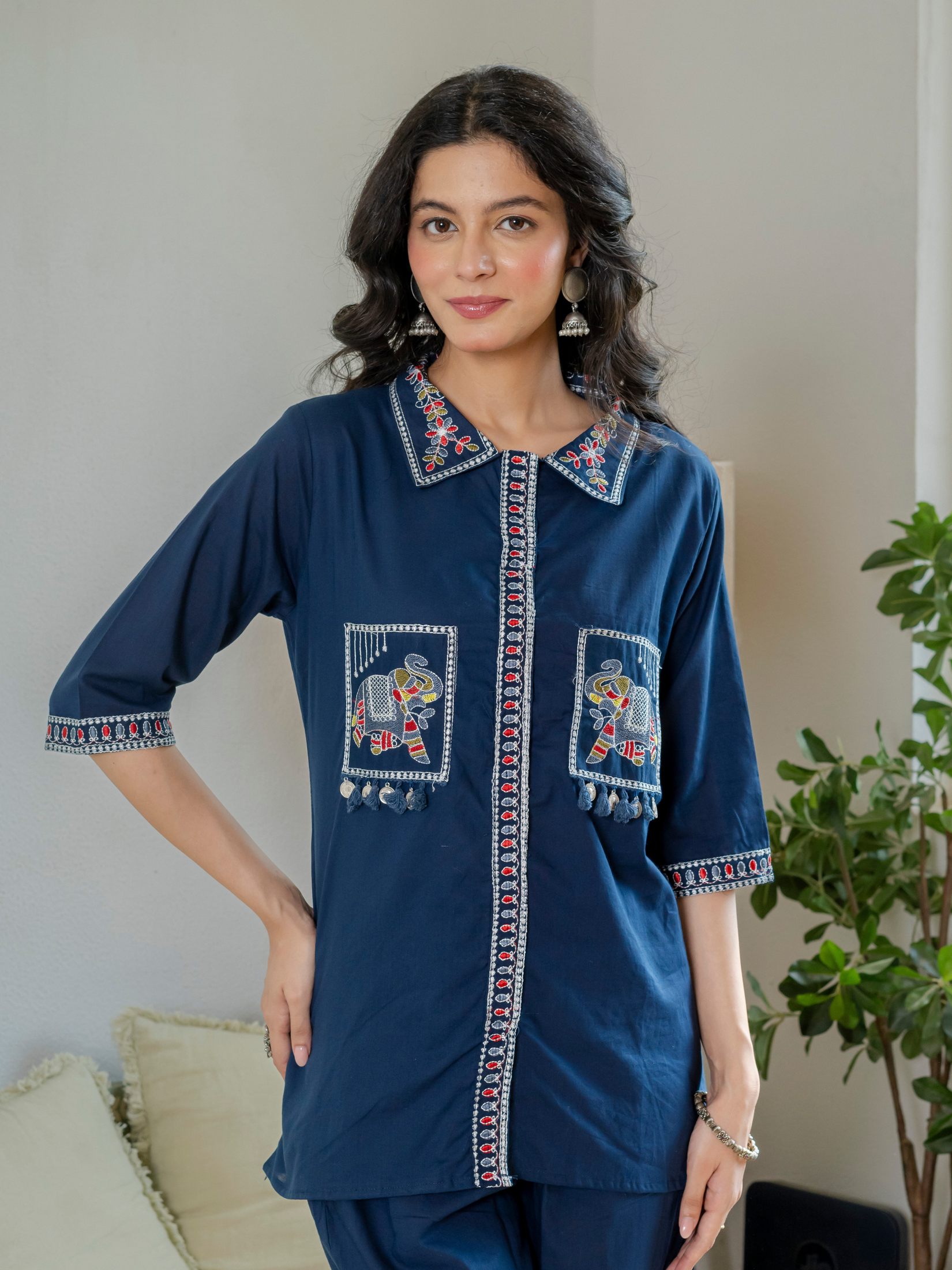 Women Royal Blue Embroidered Thread Work Pure Cotton coord set
