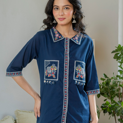 Women Royal Blue Embroidered Thread Work Pure Cotton coord set