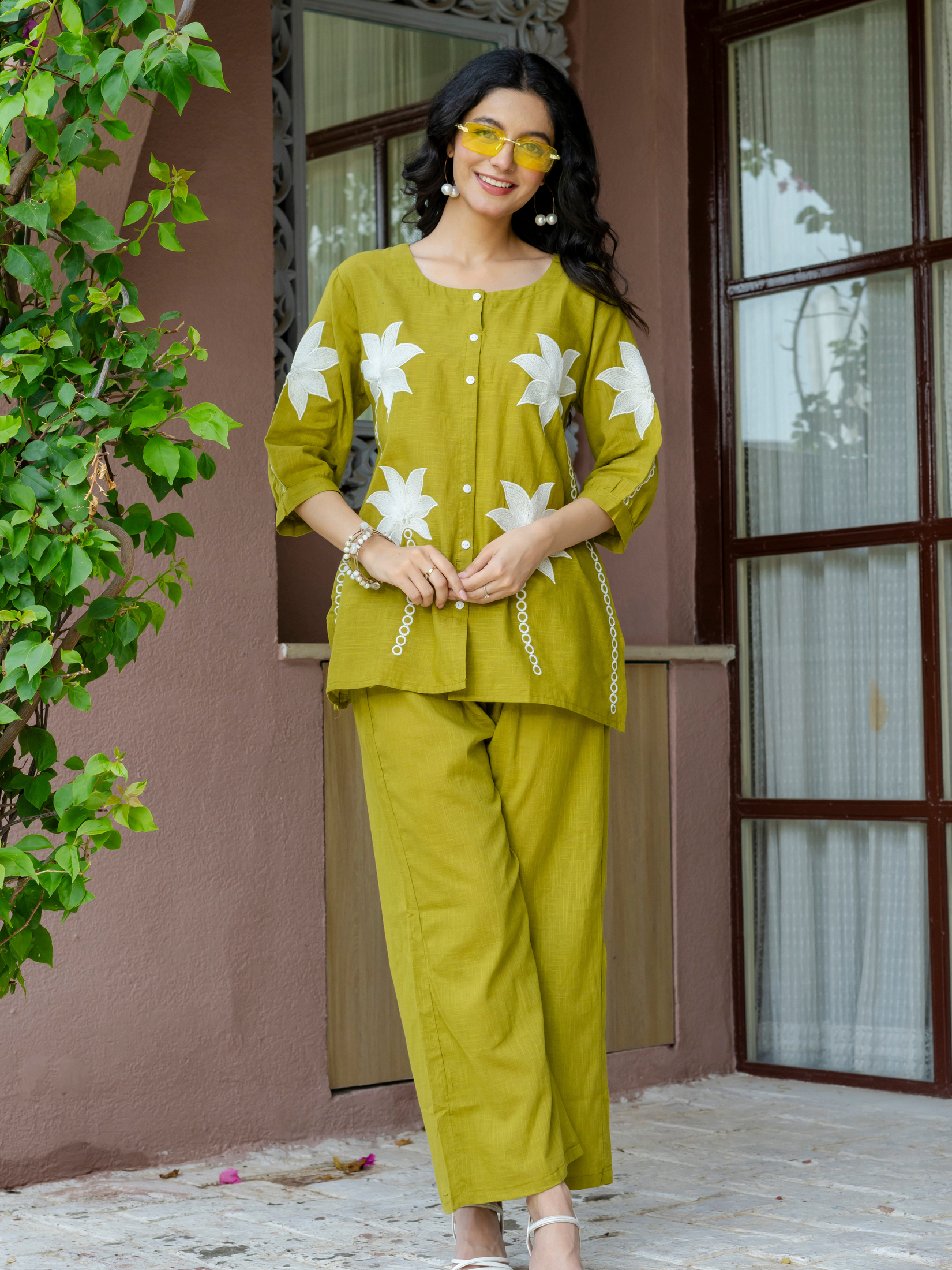 Women Lime Green Embroidered Thread Work Pure Cotton coord set