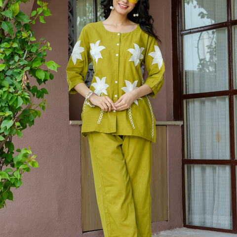 Women Lime Green Embroidered Thread Work Pure Cotton coord set