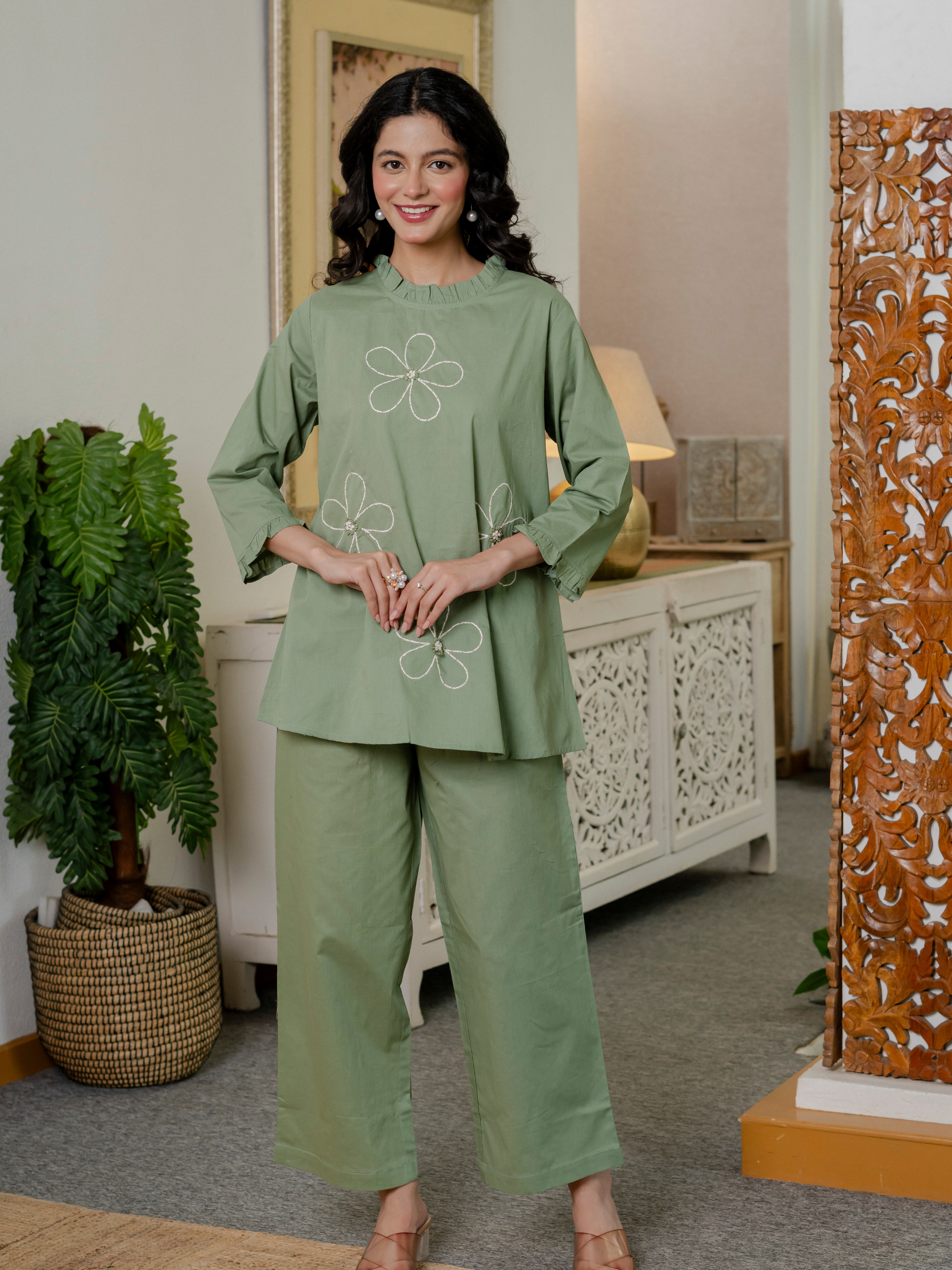 Women Olive Green Embroidered Thread Work Pure Cotton coord set